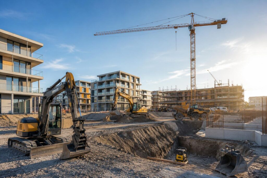Baumaschinen langfristig mieten - Kettenbagger im Tiefbau-Einsatz auf Baustelle