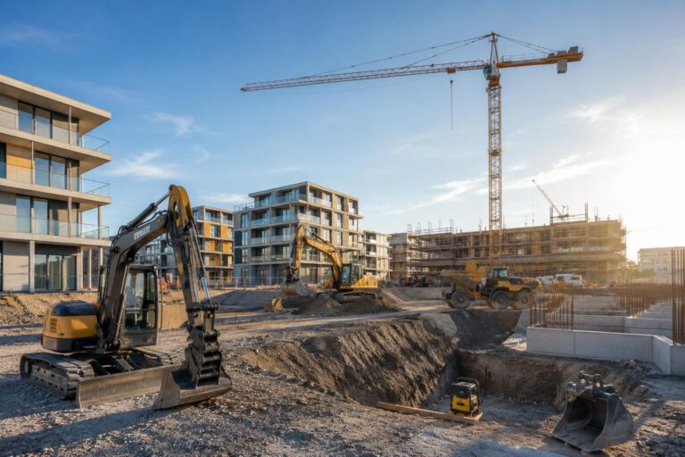 Baumaschinen langfristig mieten - Kettenbagger im Tiefbau-Einsatz auf Baustelle